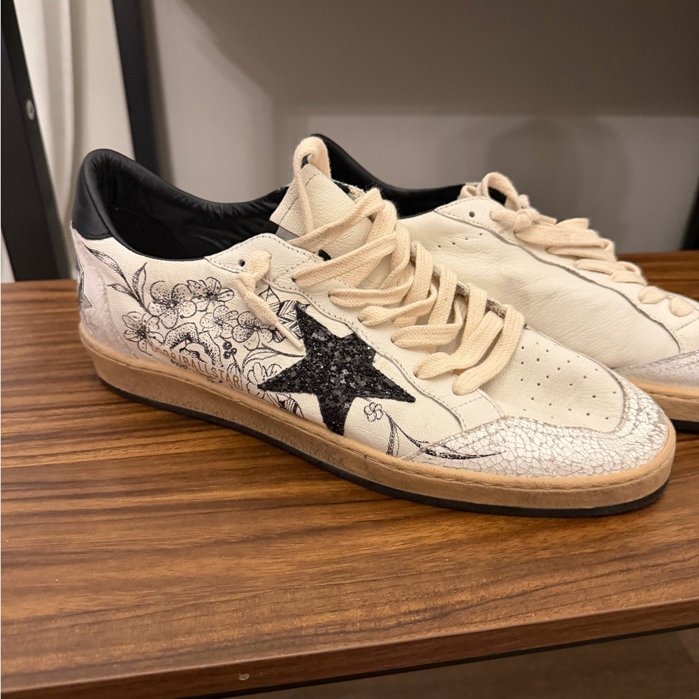 Golden Goose Black and Cream Floral Sneakers - Picture 4 of 10